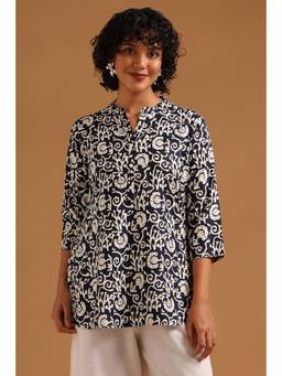 Soch - Navy Blue Rayon Botanical Printed Tunic