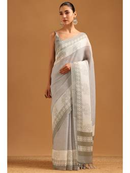 Soch - Grey Linen Ethnic Motifs Handloom saree With Blouse Piece