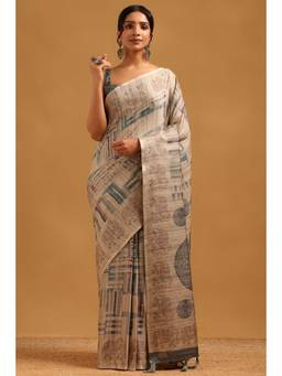 Soch - Beige Tussar Ethnic Motifs Handloom saree With Blouse Piece