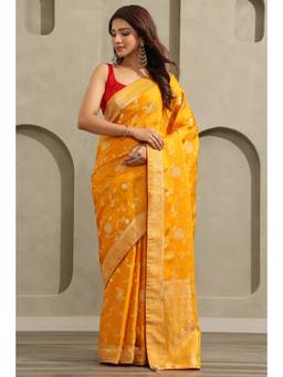 Soch - Yellow Satin Handloom Zari Woven saree With Blouse Piece