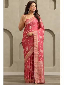 Soch - Onion Pink Satin Handloom Zari Woven saree With Blouse Piece