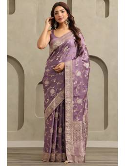 Soch - Lavender Satin Handloom Zari Woven saree With Blouse Piece