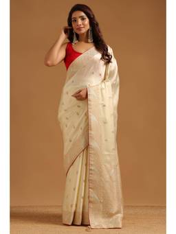 Soch - Cream Satin Handloom Zari Woven saree With Blouse Piece