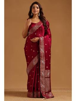 Soch - Wine Satin Handloom Zari Woven saree With Blouse Piece