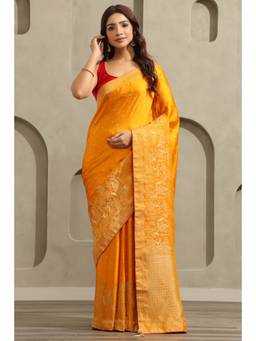 Soch - Yellow Satin Handloom Zari Woven saree With Blouse Piece