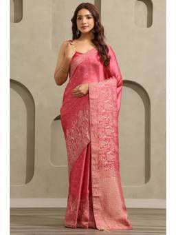 Soch - Onion Pink Satin Handloom Zari Woven saree With Blouse Piece