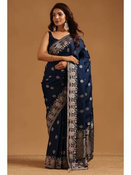 Soch - Navy Blue Satin Handloom Zari Woven saree With Blouse Piece