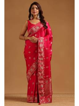 Soch - Magenta Satin Handloom Zari Woven saree With Blouse Piece