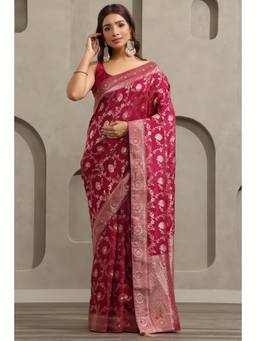 Soch - Wine Crepe Handloom Zari Woven saree With Blouse Piece