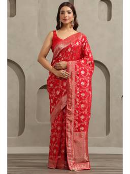 Soch - Red Crepe Handloom Zari Woven saree With Blouse Piece