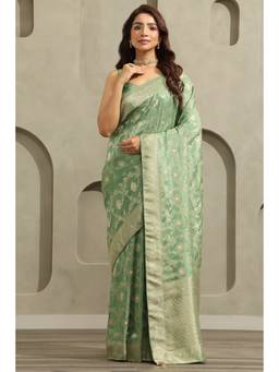 Soch - Olive Crepe Handloom Zari Woven saree With Blouse Piece