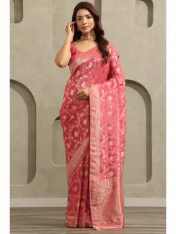Soch - Onion Pink Crepe Handloom Zari Woven saree With Blouse Piece