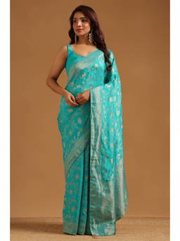 Soch - Turquoise Blue Crepe Handloom Zari Woven saree With Blouse Piece