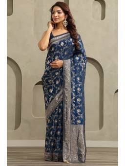 Soch - Navy Blue Crepe Handloom Zari Woven saree With Blouse Piece