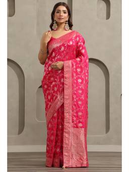 Soch - Magenta Crepe Handloom Zari Woven saree With Blouse Piece