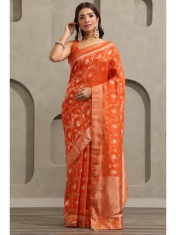 Soch - Orange Crepe Handloom Zari Woven saree With Blouse Piece