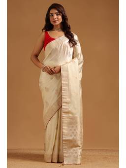 Soch - Cream Satin Handloom Zari Woven saree With Blouse Piece
