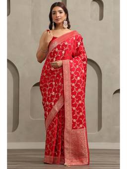 Soch - Red Crepe Handloom Zari Woven saree With Blouse Piece