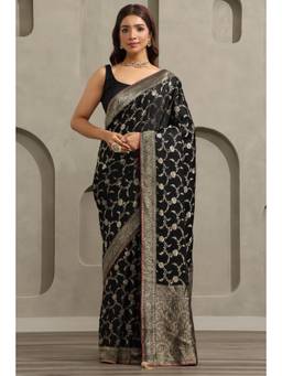 Soch - Black Crepe Handloom Zari Woven saree With Blouse Piece