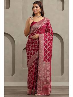 Soch - Wine Satin Handloom Zari Woven saree With Blouse Piece
