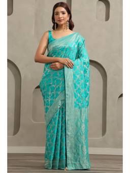 Soch - Turquoise Blue Satin Handloom Zari Woven saree With Blouse Piece