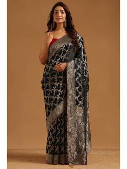 Soch - Black Satin Handloom Zari Woven saree With Blouse Piece