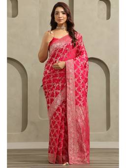Soch - Fuchsia Satin Handloom Zari Woven saree With Blouse Piece