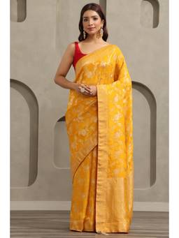 Soch - Yellow Satin Handloom Zari Woven saree With Blouse Piece