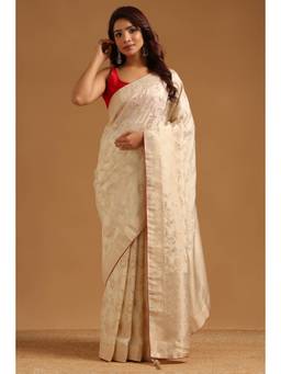 Soch - Cream Satin Handloom Zari Woven saree With Blouse Piece