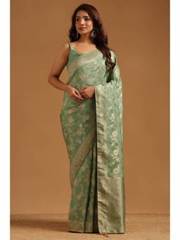 Soch - Olive Satin Handloom Zari Woven saree With Blouse Piece