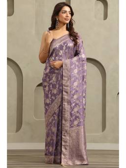 Soch - Lavender Satin Handloom Zari Woven saree With Blouse Piece