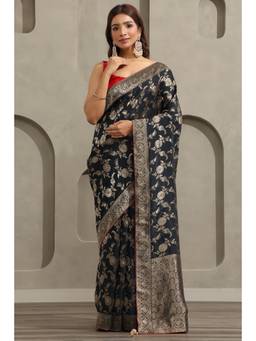 Soch - Black Satin Handloom Zari Woven saree With Blouse Piece