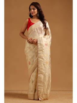 Soch - Cream Satin Handloom Zari Woven saree With Blouse Piece