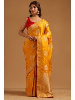Soch - Yellow Satin Ethnic Handloom Zari Woven saree With Blouse Piece
