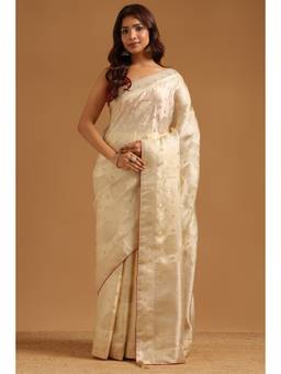 Soch - Cream Satin Ethnic Handloom Zari Woven saree With Blouse Piece