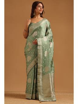 Soch - Olive Satin Ethnic Handloom Zari Woven saree With Blouse Piece