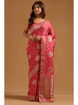 Soch - Onion Pink Satin Ethnic Handloom Zari Woven saree With Blouse Piece