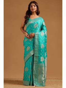 Soch - Turquoise Blue Satin Ethnic Handloom Zari Woven saree With Blouse Piece