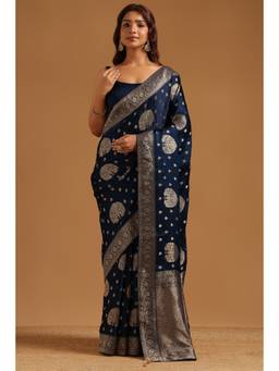 Soch - Navy Blue Satin Ethnic Handloom Zari Woven saree With Blouse Piece