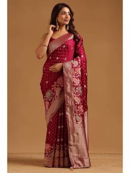 Soch - Maroon Satin Handloom Zari Woven saree With Blouse Piece