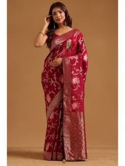 Soch - Maroon Crepe Handloom Zari Woven saree With Blouse Piece