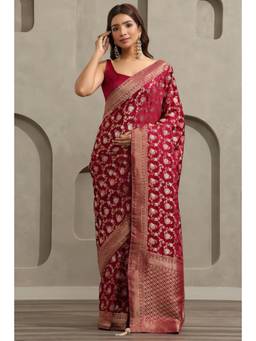 Soch - Maroon Satin Handloom Zari Woven saree With Blouse Piece