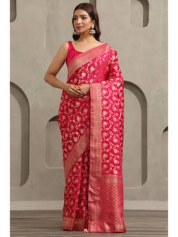 Soch - Fuchsia Satin Handloom Zari Woven saree With Blouse Piece