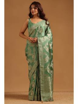 Soch - Olive Satin Handloom Zari Woven saree With Blouse Piece