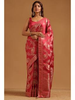 Soch - Onion Pink Satin Handloom Zari Woven saree With Blouse Piece