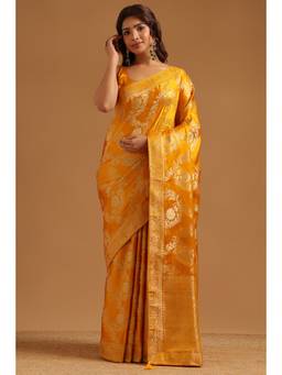 Soch - Yellow Satin Handloom Zari Woven saree With Blouse Piece