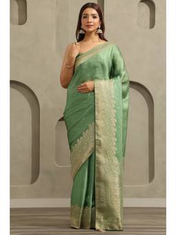 Soch - Olive Satin Zari Woven saree With Blouse Piece