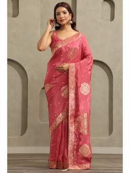 Soch - Onion Pink Crepe Ethnic Handloom Zari Woven saree With Blouse Piece