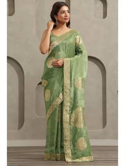 Soch - Olive Crepe Ethnic Handloom Zari Woven saree With Blouse Piece