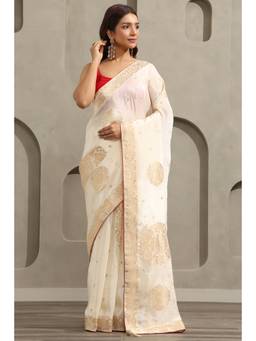 Soch - Cream Crepe Ethnic Handloom Zari Woven saree With Blouse Piece